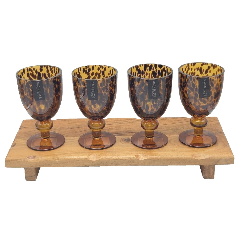 Rachel Zoe Amber Brown Tortoiseshell Glass Goblet Barware Set of 4 Candle Holder